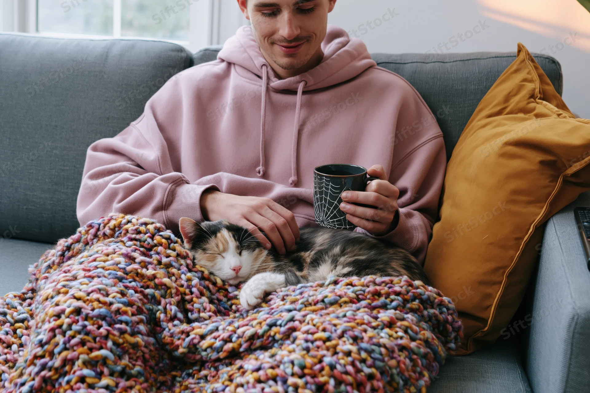 Man sitting on gray sofa with sleeping cat under colorful blanket, holding mug with spiderweb design