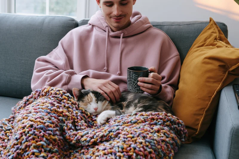 Man sitting on gray sofa with sleeping cat under colorful blanket, holding mug with spiderweb design