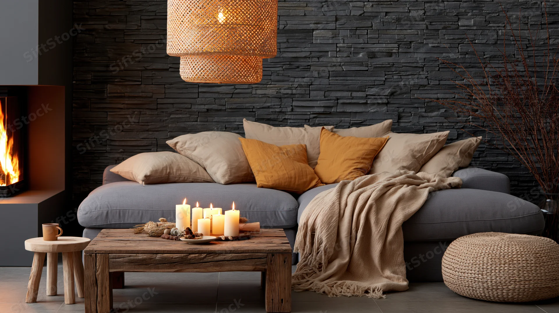 Gray l-shaped sofa with lit candles and throw blanket beside a fireplace in a stone-walled living room
