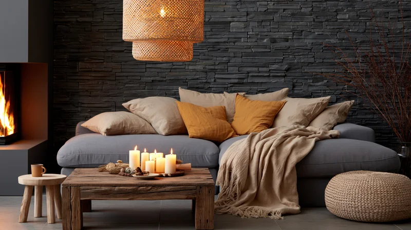 Gray l-shaped sofa with lit candles and throw blanket beside a fireplace in a stone-walled living room