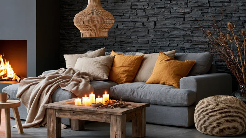 Gray l-shaped sofa with throw and pillows beside a lit fireplace, candles on wooden coffee table, wicker pendant light above, stone accent wall in background