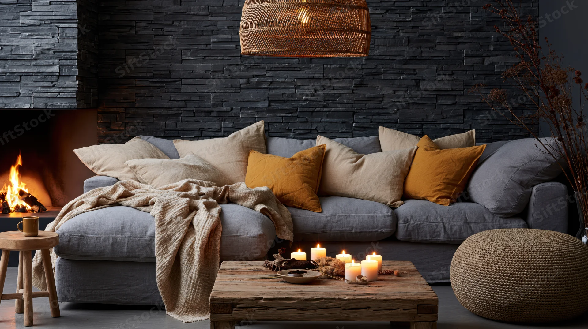 Gray l-shaped sofa with cushions and throw blanket in a cozy living room with fireplace and candles