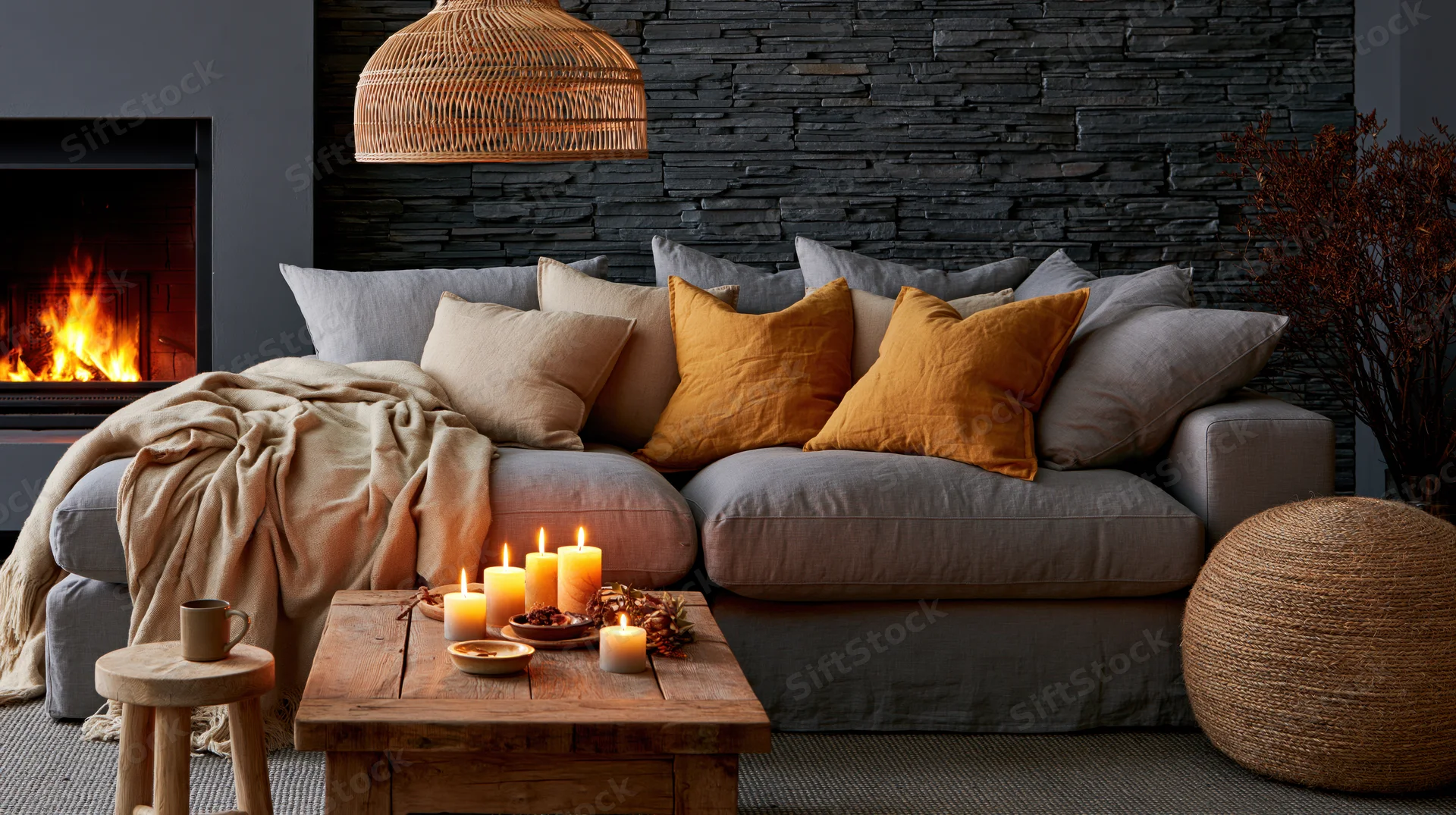 Gray L-shaped sofa with throw blanket and mustard pillows beside a lit fireplace in a stone-walled living room