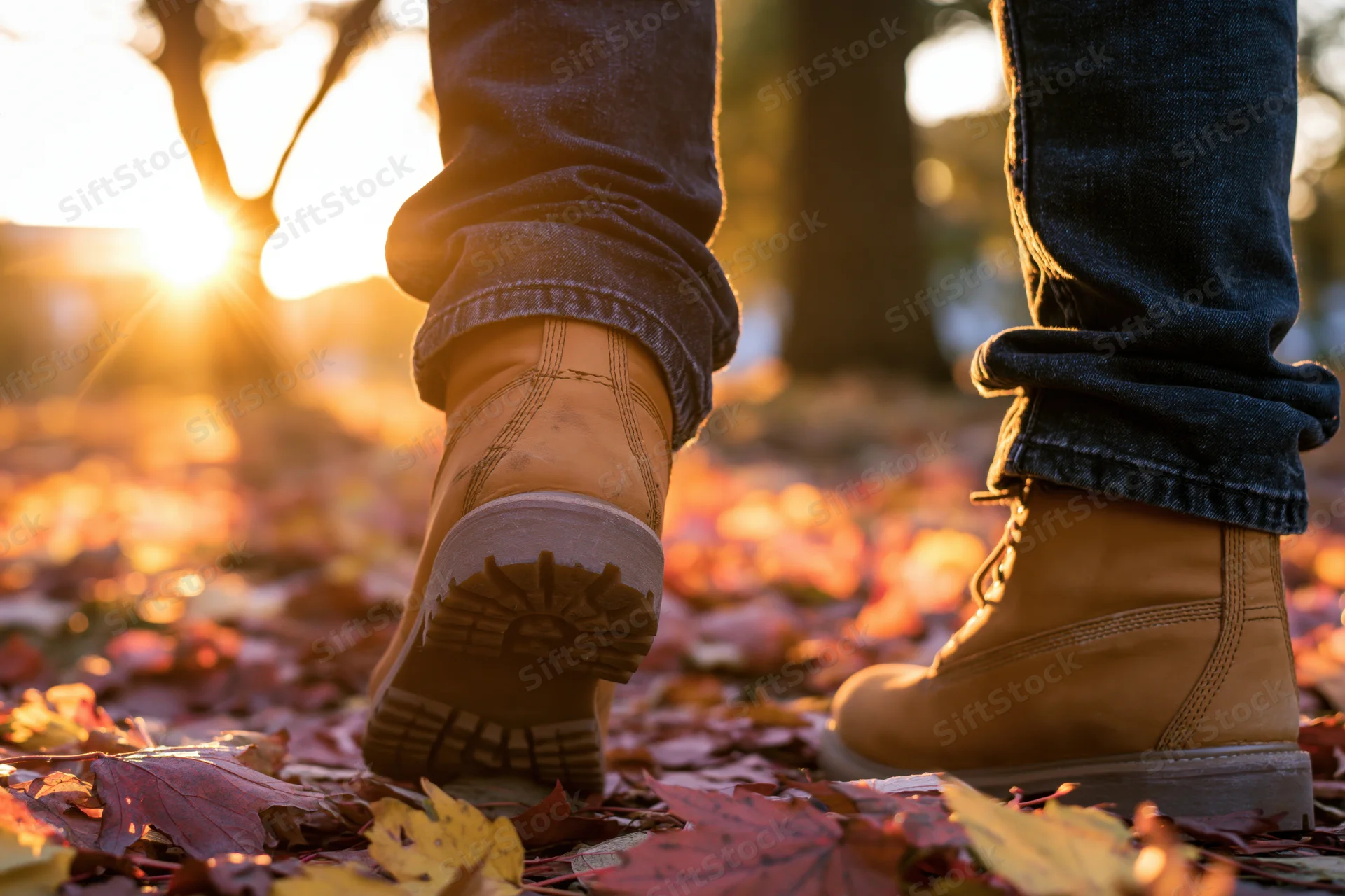 Person walking in brown boots on leaf-covered ground in a park at sunset