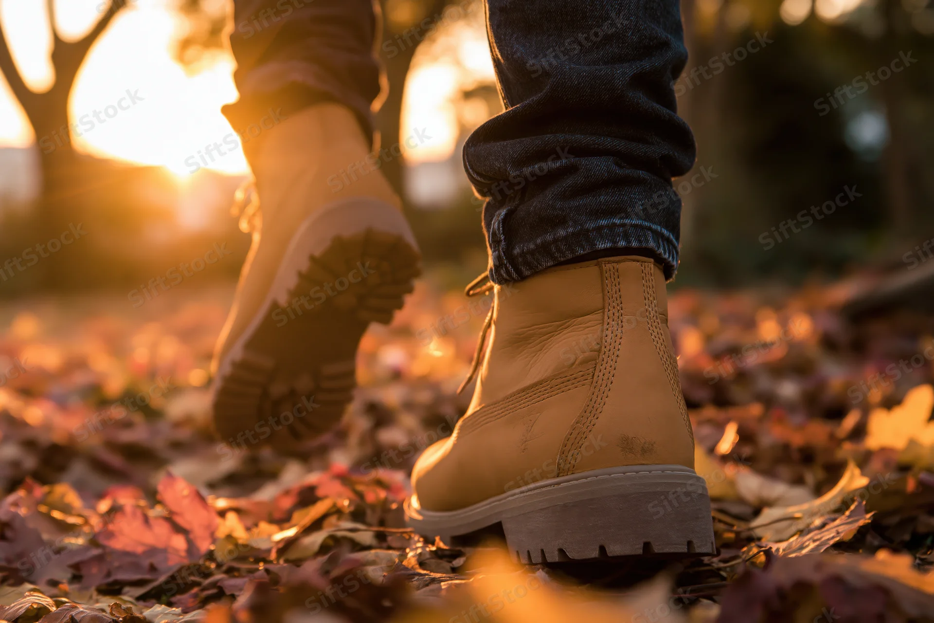 Low-angle view of boots walking on fallen autumn leaves in a park at sunset