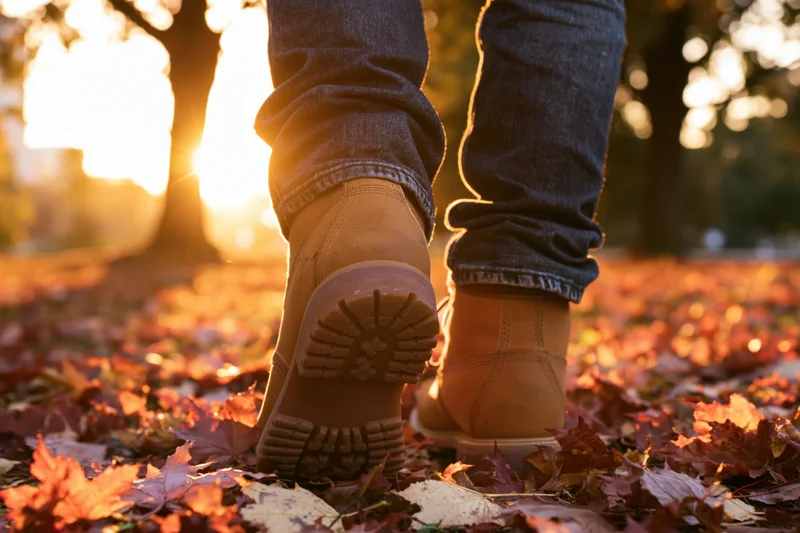 Person walking in autumn park with boots and jeans on leaf-covered ground at sunset