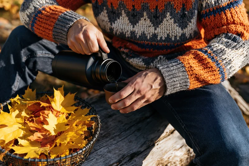 Man pouring coffee from a thermos into a cup while sitting on weathered wood near a basket of autumn leaves