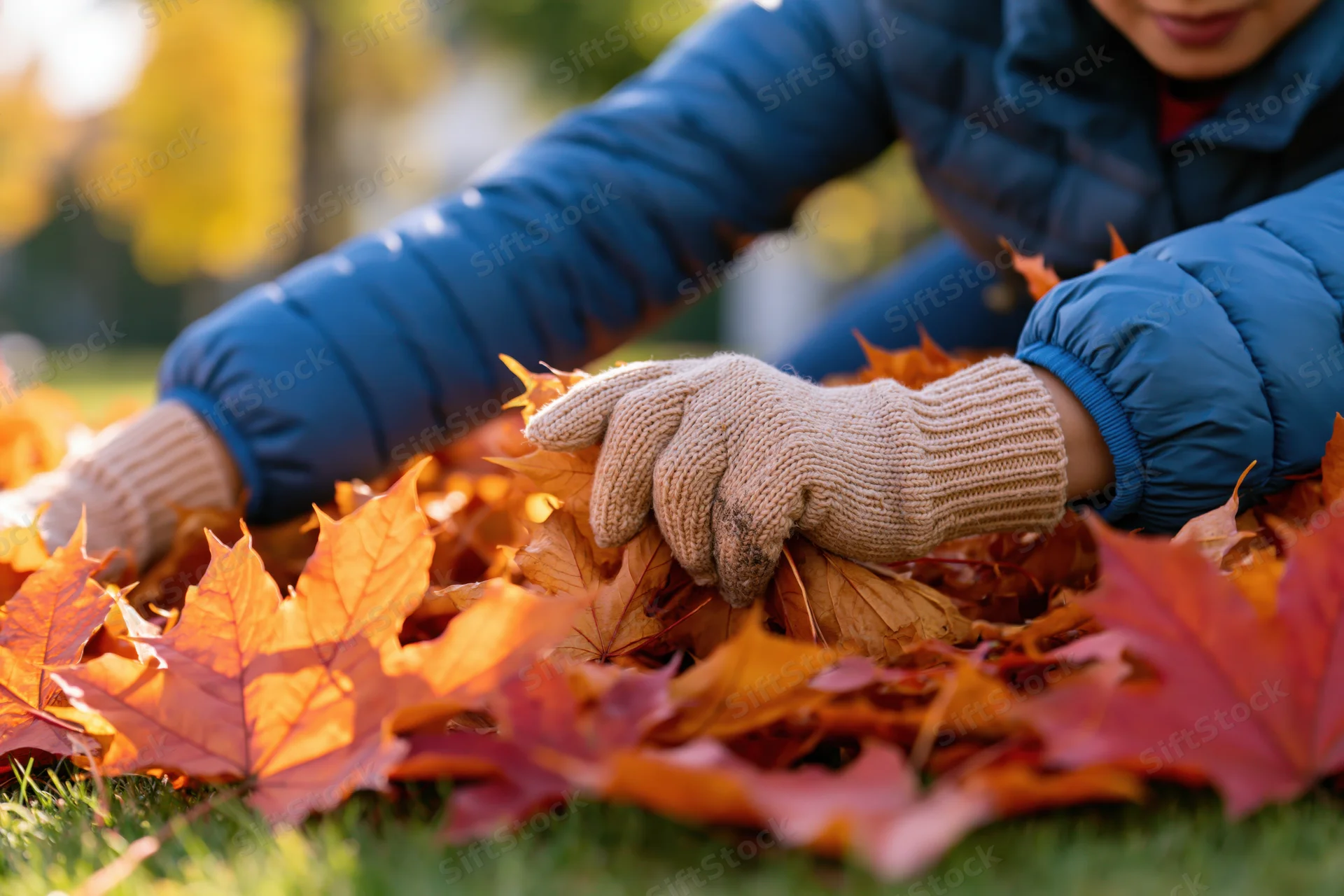 Woman in blue puffer jacket and knitted gloves gathering autumn maple leaves on grass at low ground level