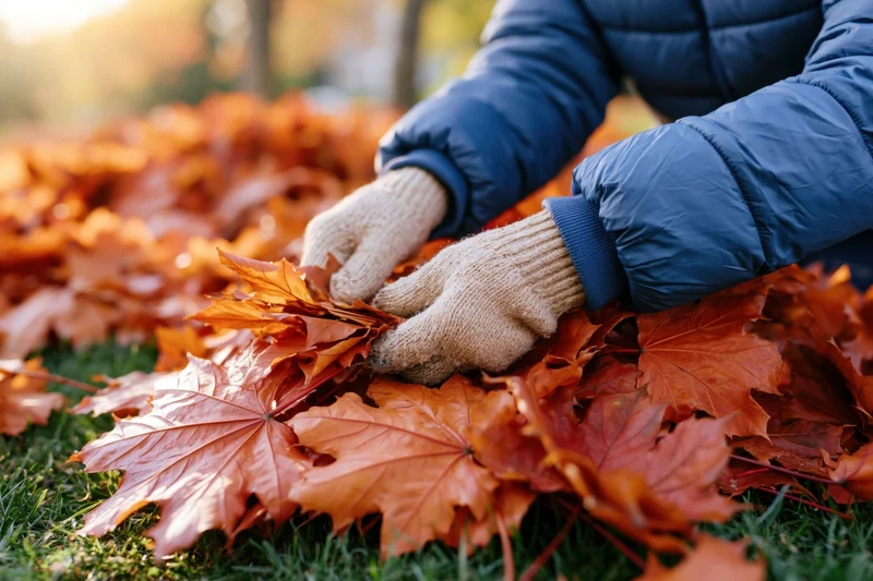 Woman gathering fallen maple leaves on grass in autumn yard