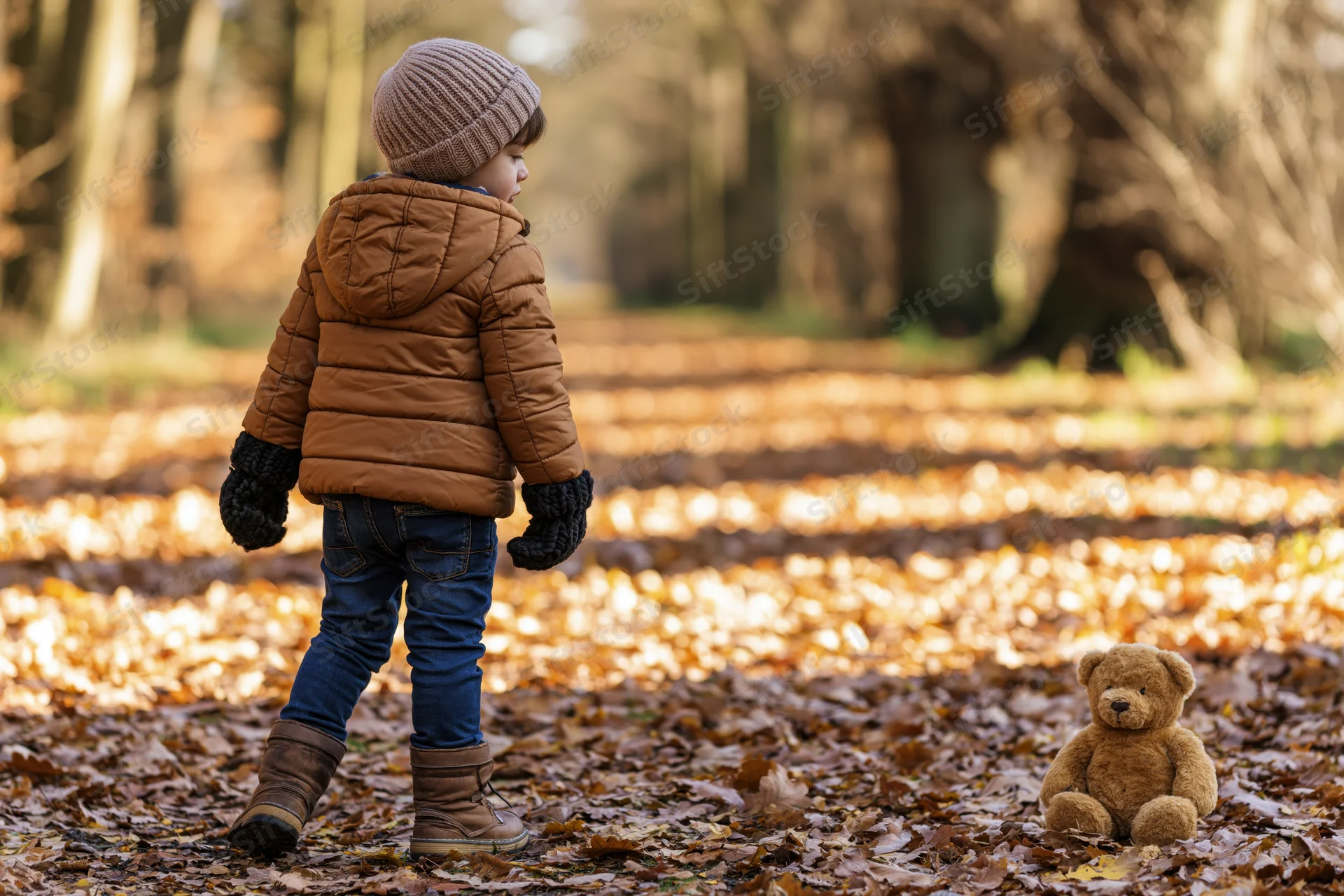 Young boy walking in autumn forest with teddy bear on leaf-covered path