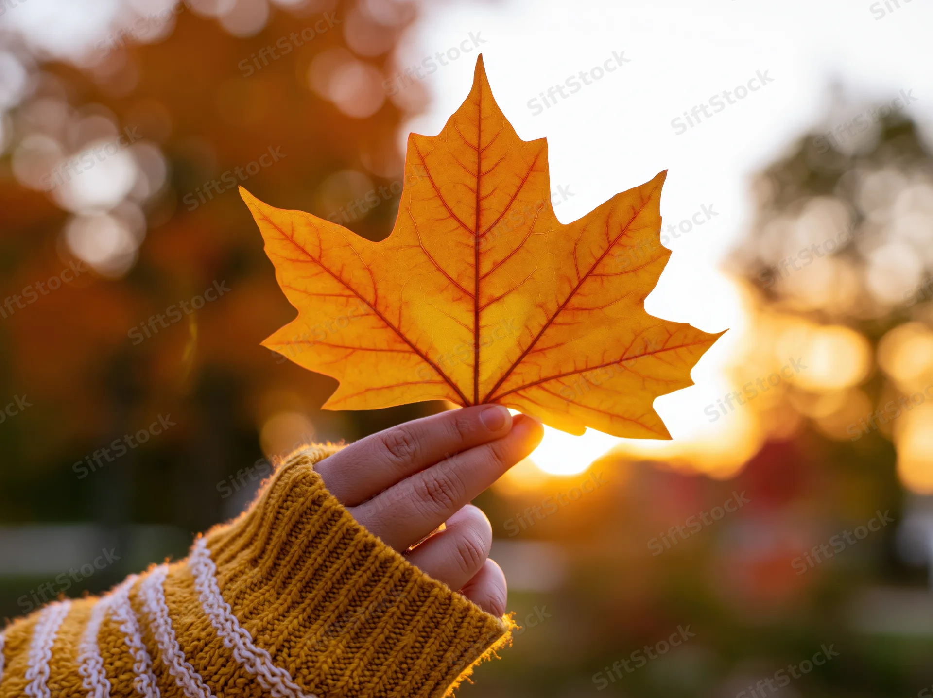 Hand holding a golden maple leaf against a blurred autumn sunset background