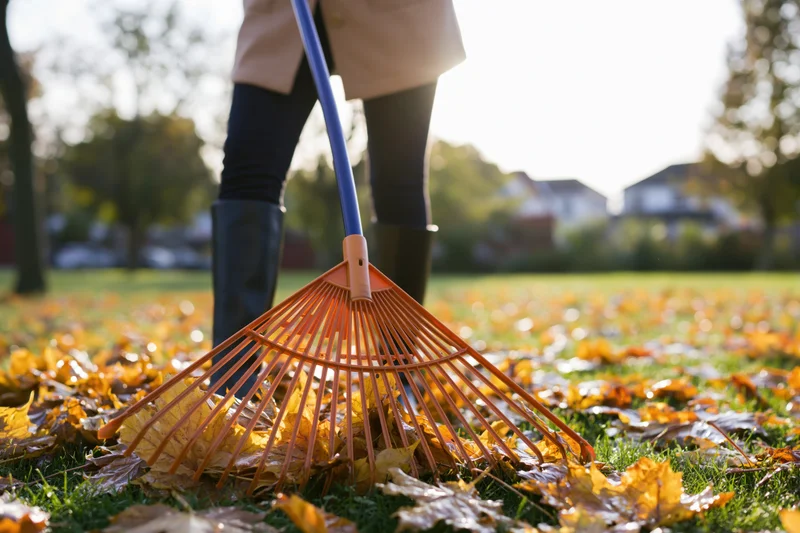 Woman raking fallen leaves in a grassy yard during autumn