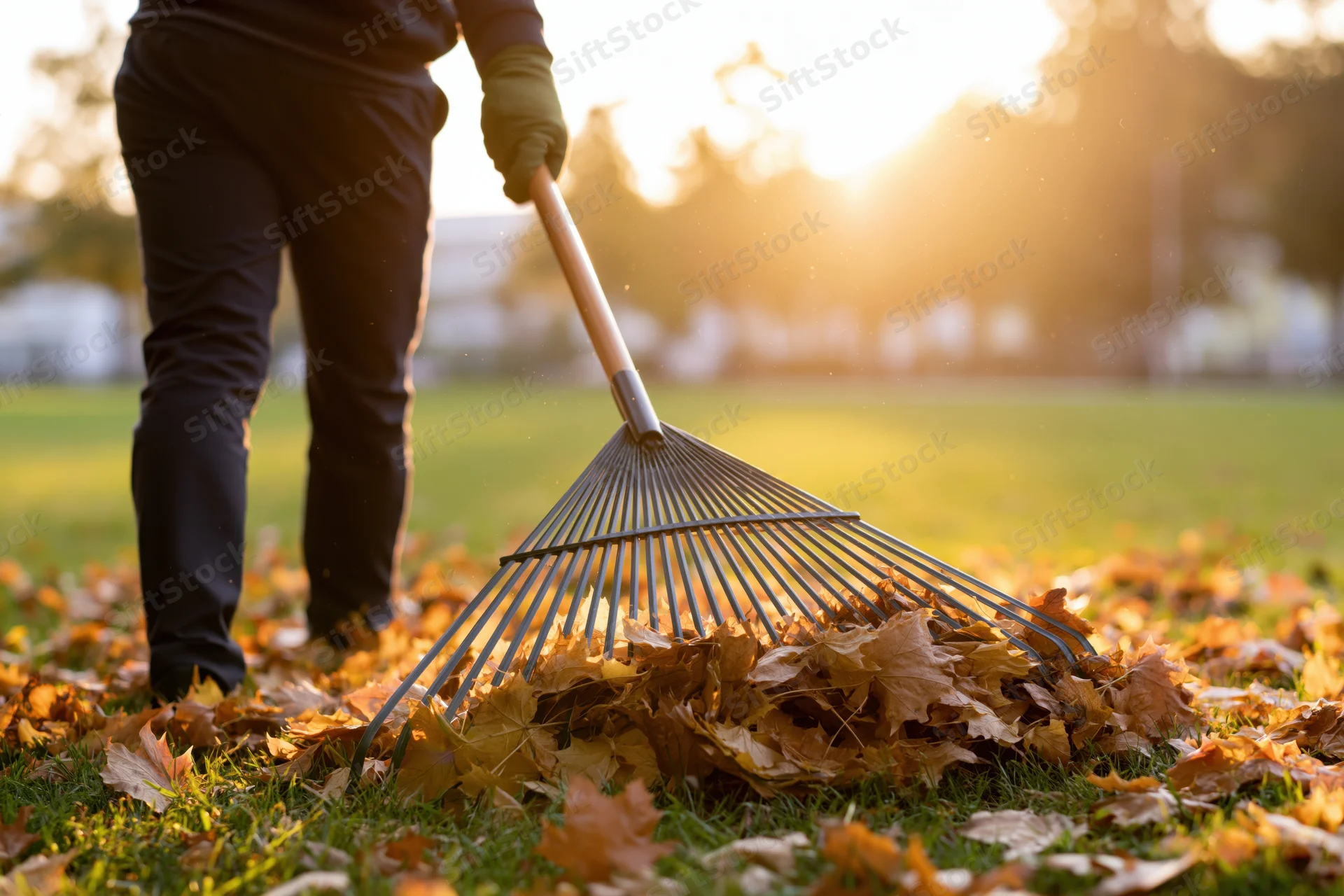 Person raking fallen autumn leaves on a grassy lawn at golden hour