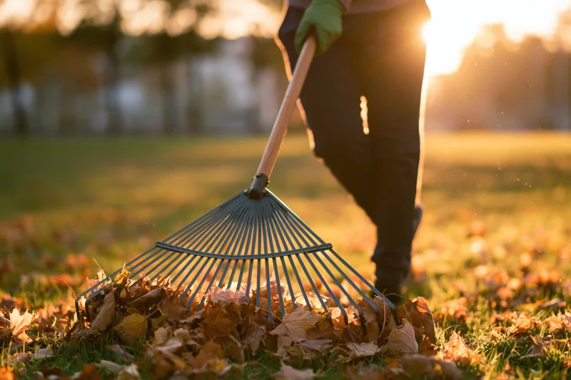 Woman raking fallen autumn leaves in a sunlit yard