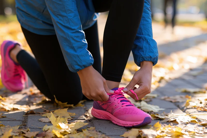 Woman tying bright pink and purple sneakers on a leaf-covered pavement outdoors