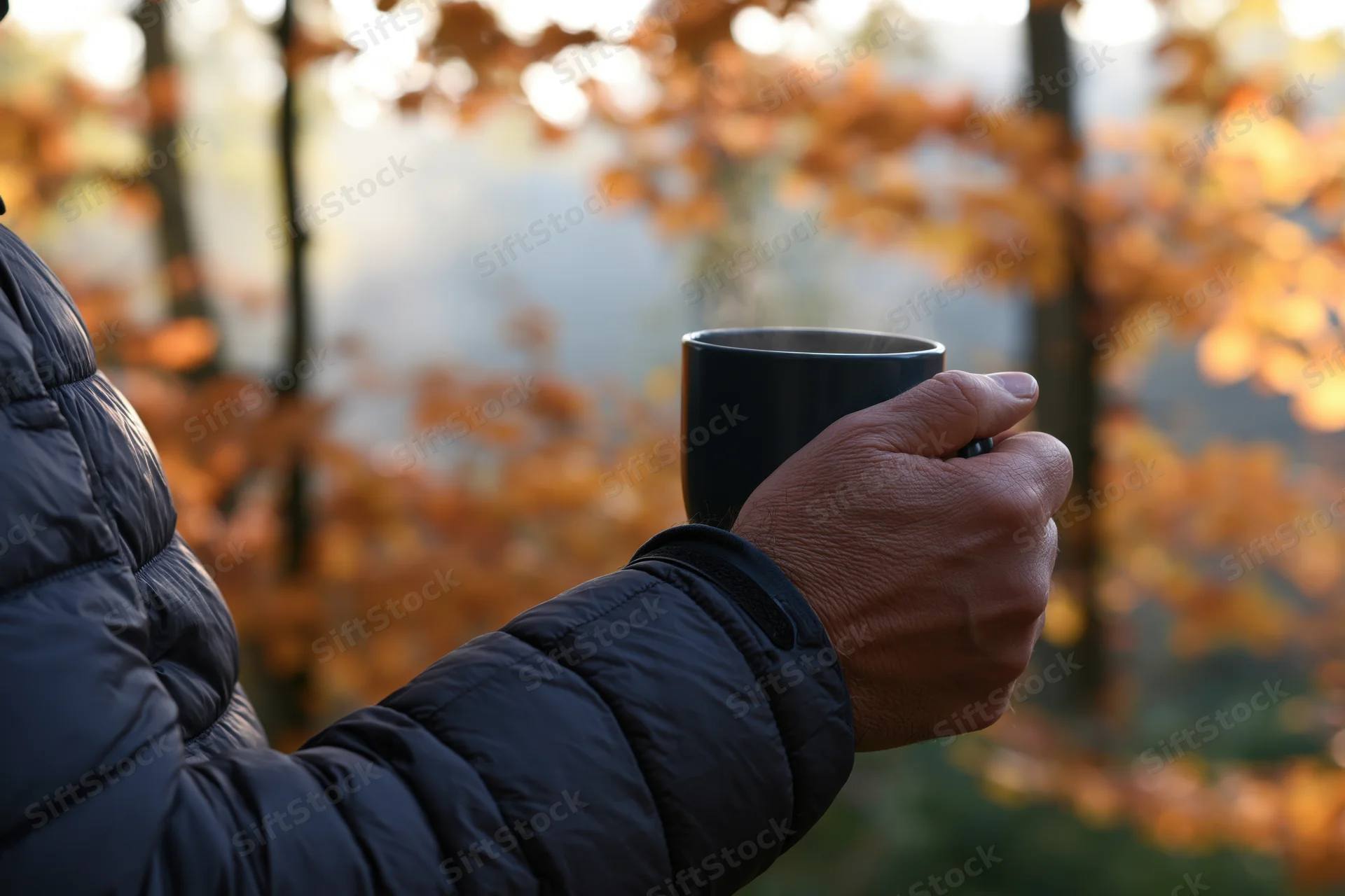 Hand holding a black cup in a forest with autumn foliage in the background
