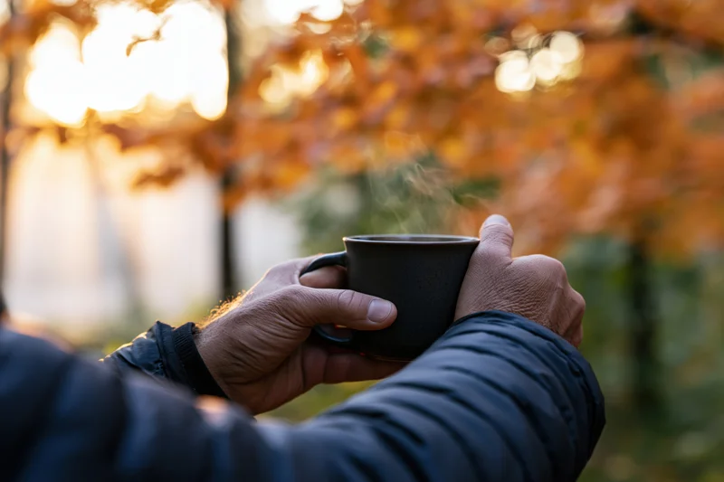 Hands holding a steaming mug outdoors in an autumn park with golden sunlight filtering through orange leaves