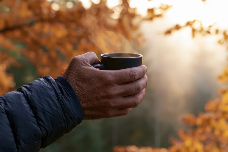 Hand holding a steaming black mug outdoors among autumn trees with golden leaves and soft sunlight