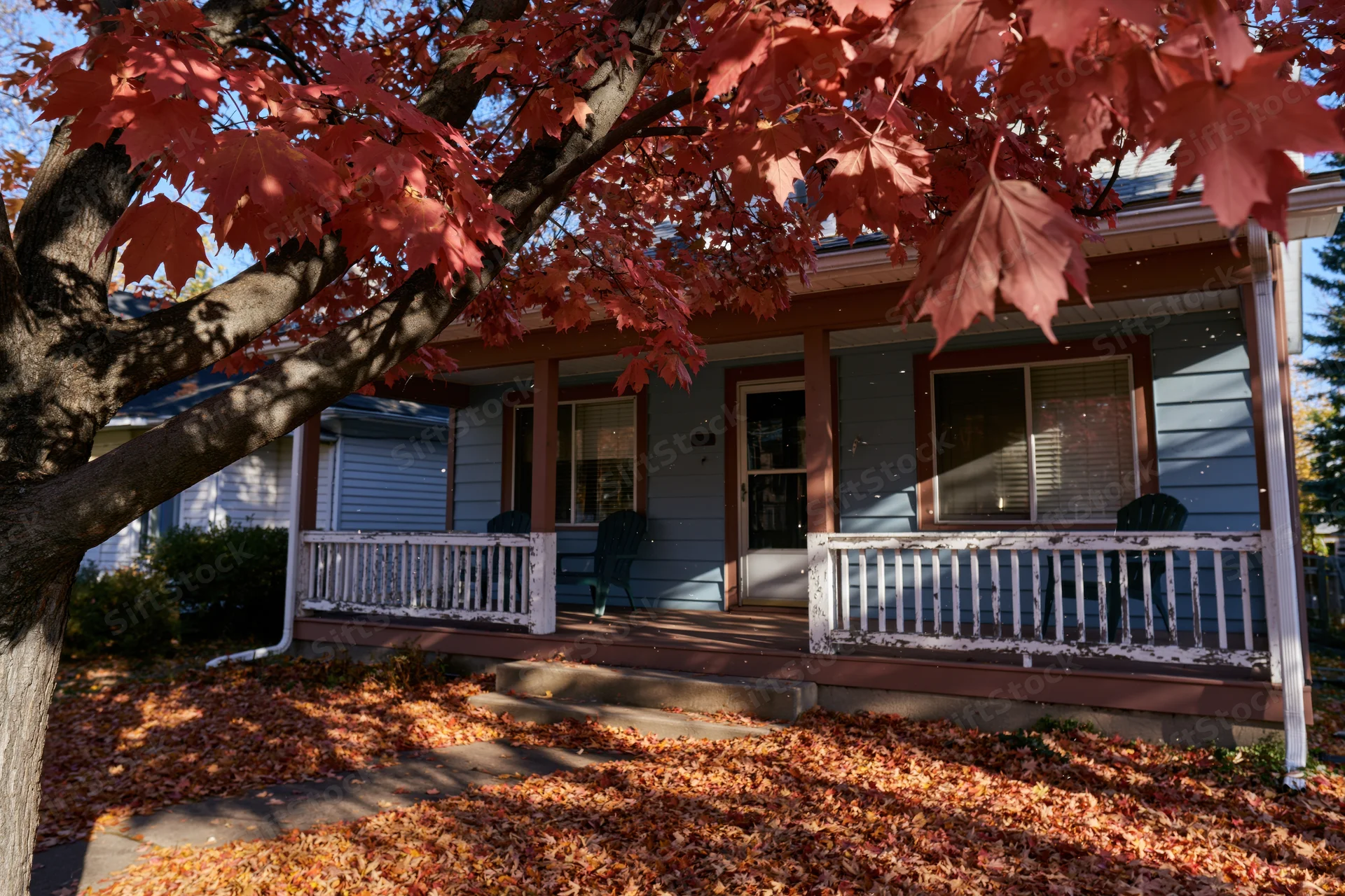 House with red maple leaves framing the porch and fallen foliage covering the front yard