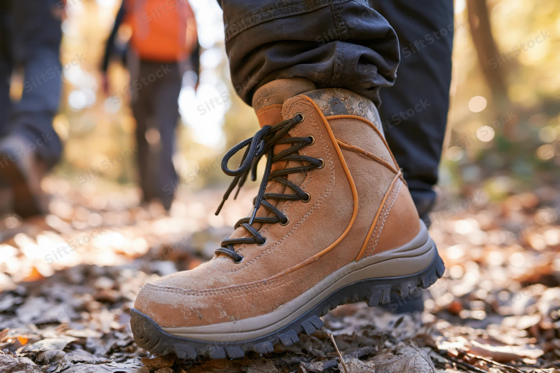 Closeup of a hiking boot on a leaf-covered trail with blurred hikers in the background