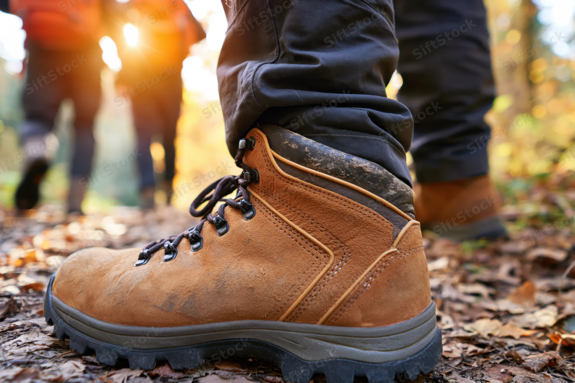 Close-up of hiking boots on a leaf-covered forest trail with sunlight filtering through trees