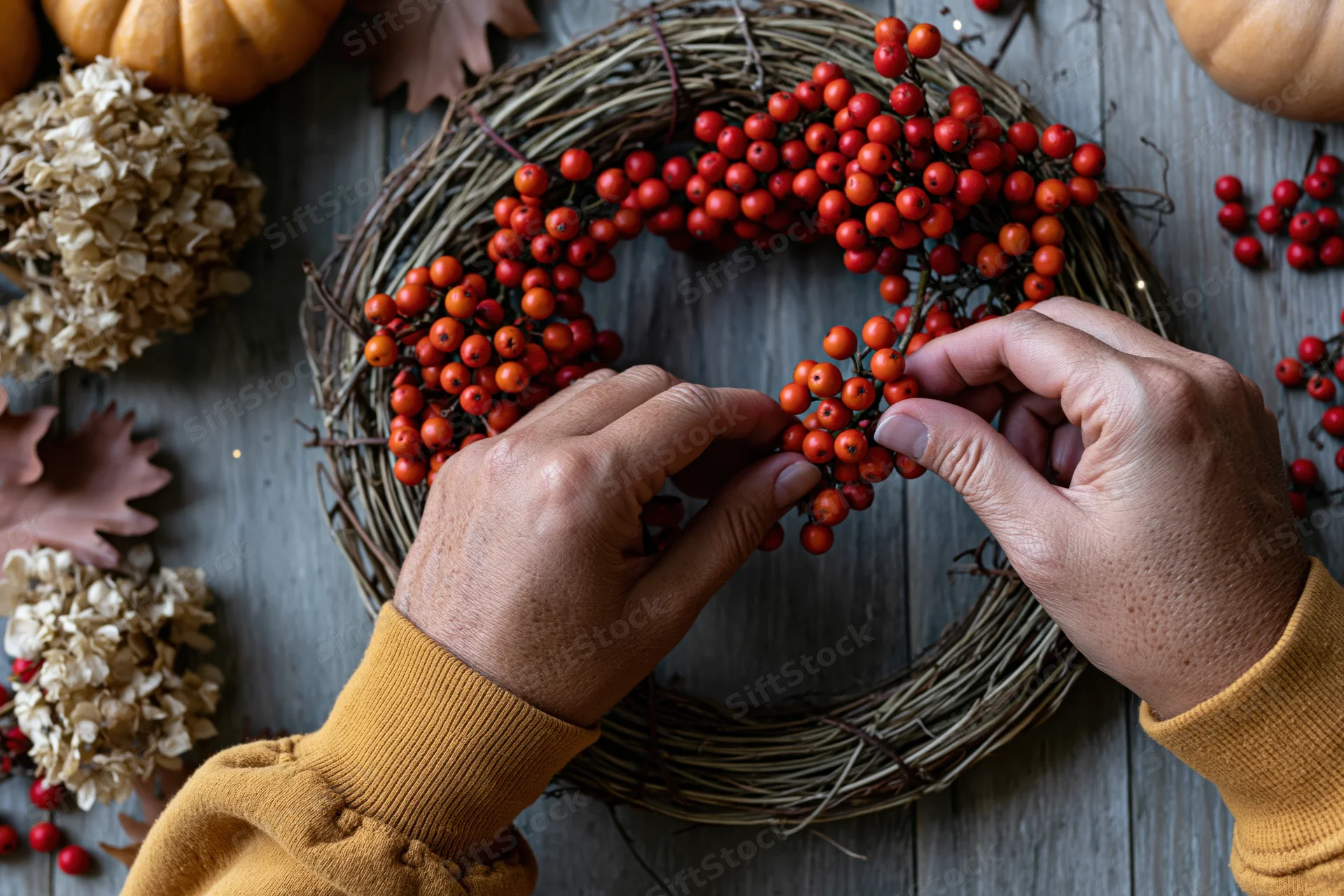 Hands arranging red berries on a rustic autumn wreath on a wooden table
