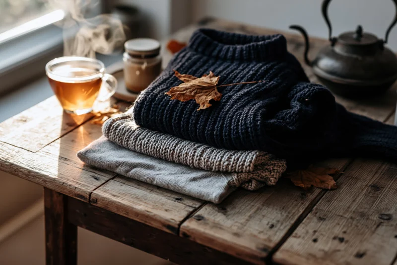 Folded knitted sweaters with a leaf and steaming tea on a rustic wooden table by a window