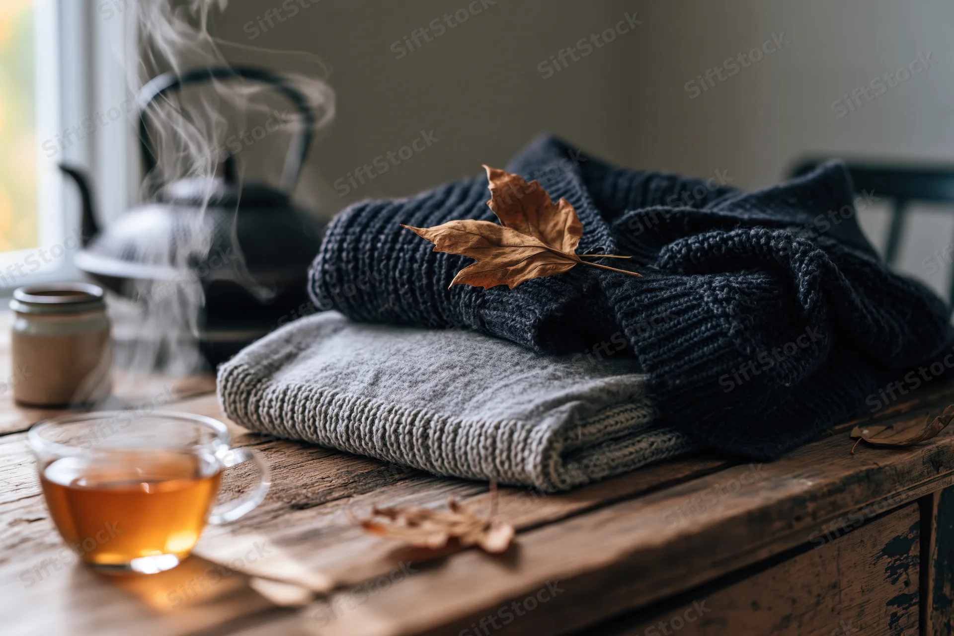 Folded knitted sweaters with a dried leaf on a wooden table beside a steaming kettle and a cup of tea