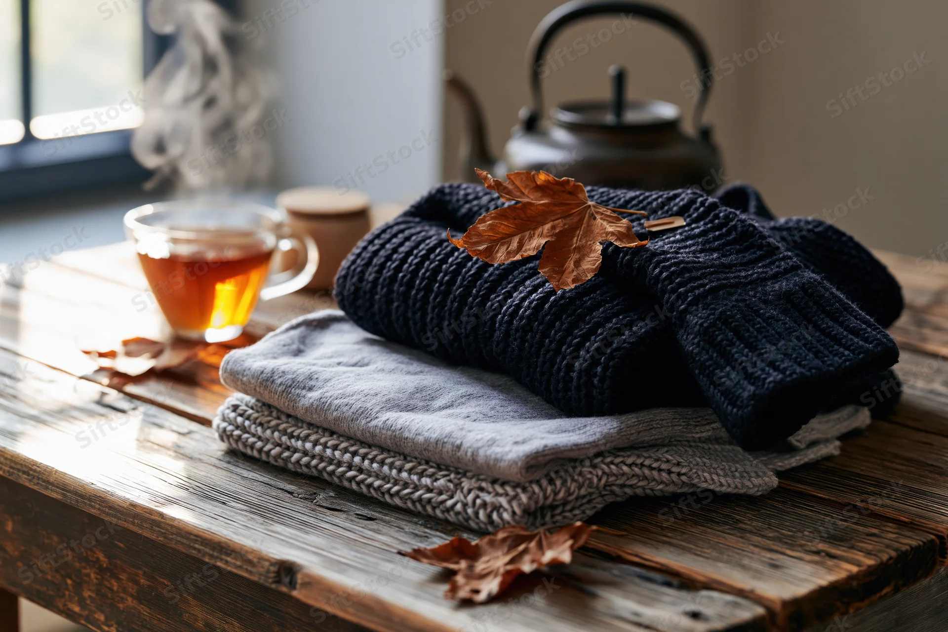Folded knit sweaters with autumn leaves and steaming tea on a rustic wooden table