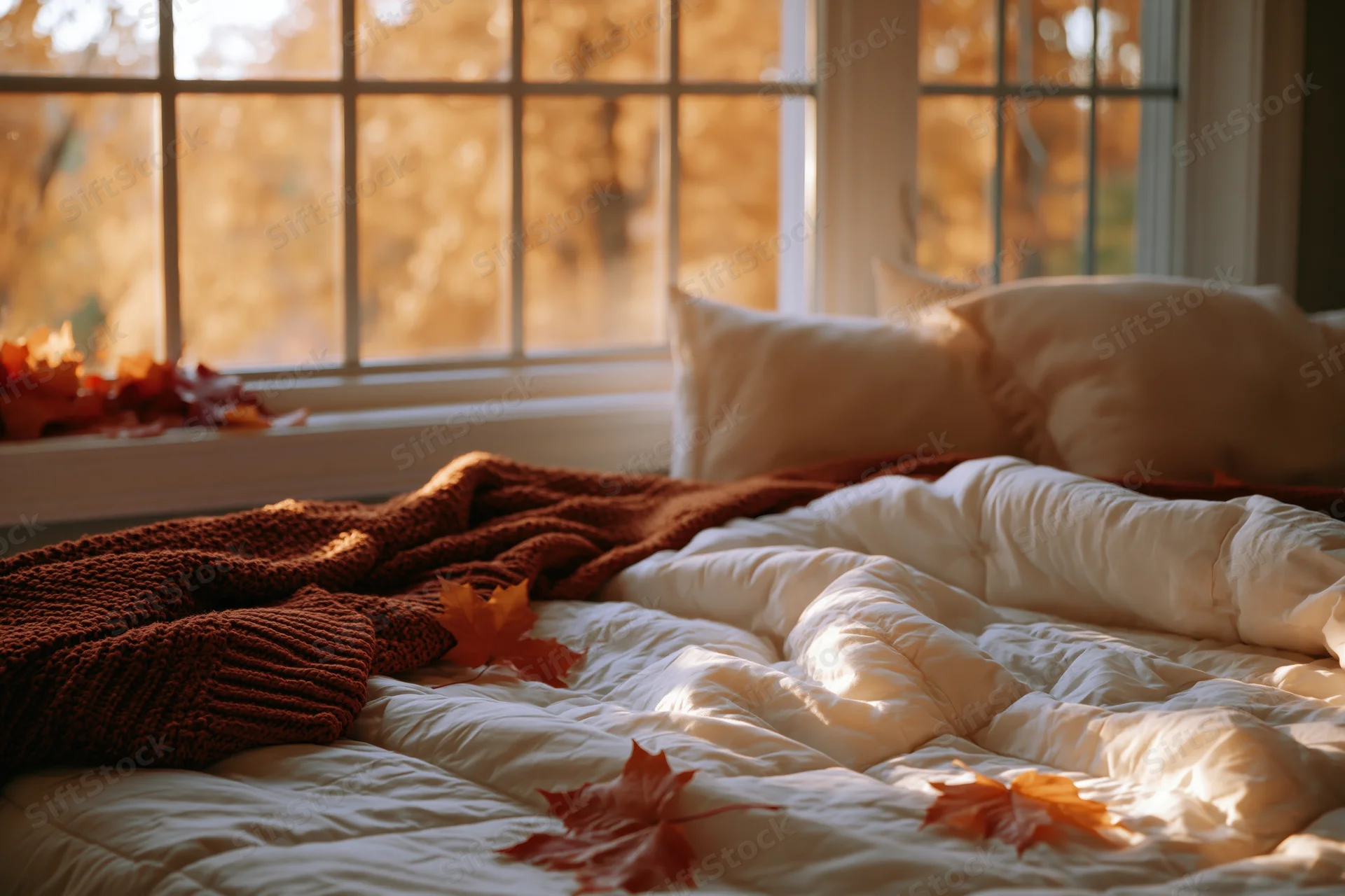 Unmade bed with autumn leaves and sunlight streaming through window in cozy bedroom