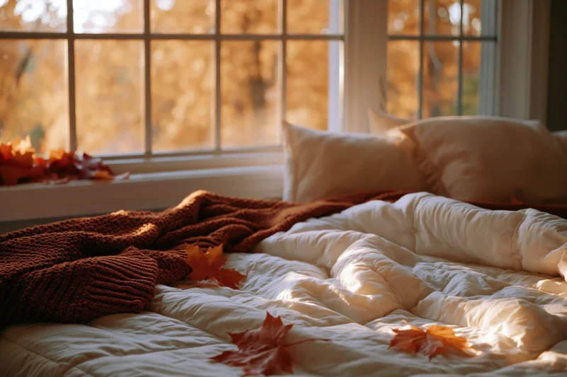 Unmade bed with autumn leaves and sunlight streaming through window in cozy bedroom