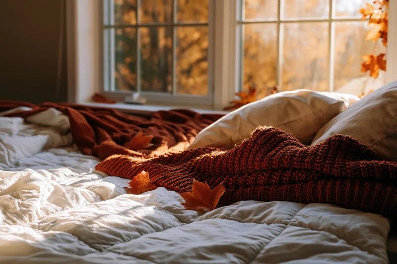 Unmade bed with autumn leaves and knitted sweater in morning sunlight by window