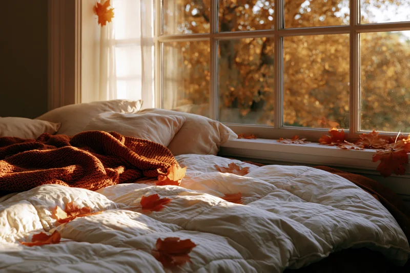 Autumn leaves scattered on a white quilted bed near a window with golden trees outside