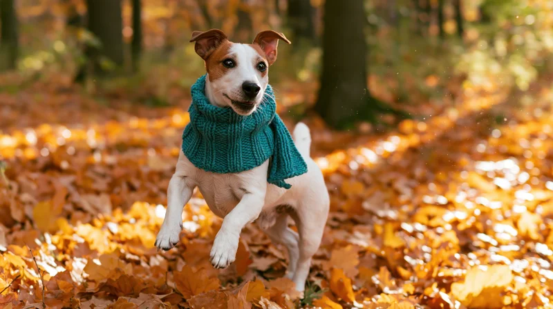 Jack russell dog jumping in autumn forest covered in fallen leaves wearing teal knitted scarf