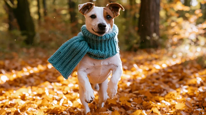 Jack russell dog running through autumn forest leaves wearing teal knitted scarf
