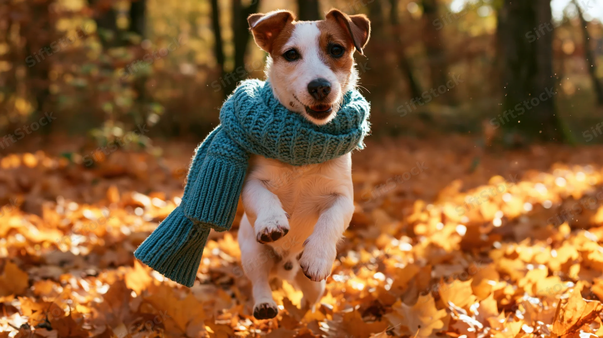 Jack russell dog running through autumn leaves in forest wearing teal knitted scarf