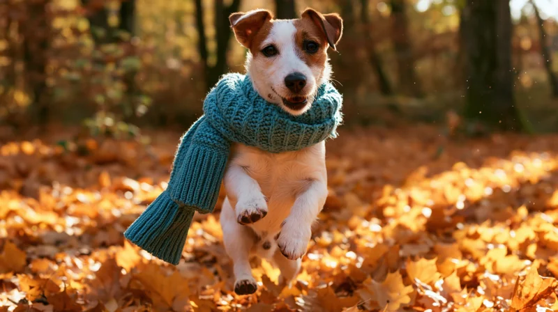 Jack russell dog running through autumn leaves in forest wearing teal knitted scarf
