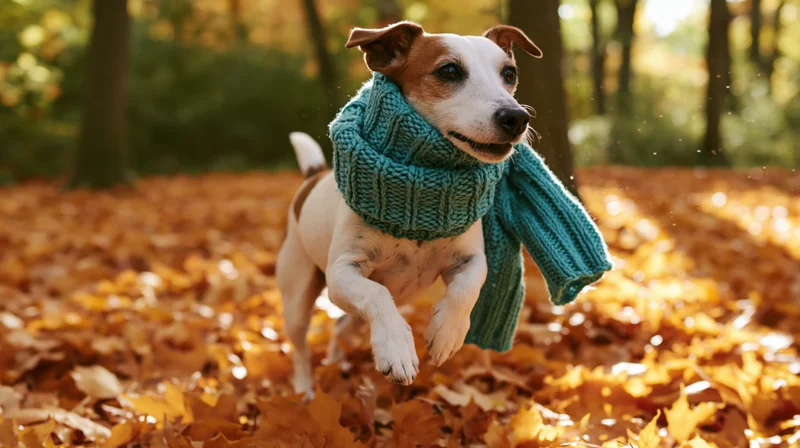 Jack russell dog jumping in autumn leaves wearing a teal knitted scarf in a forest