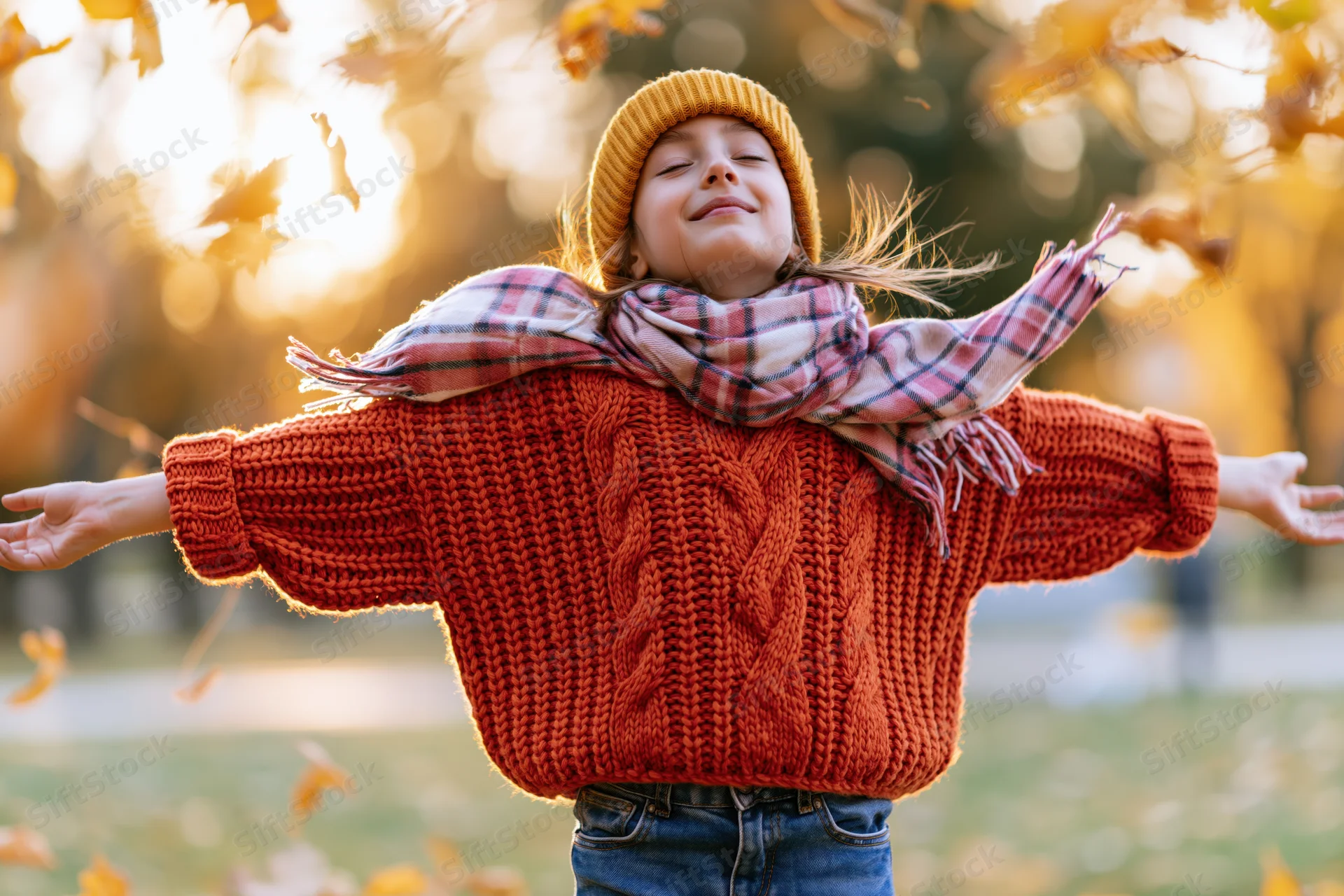 Girl with arms outstretched in autumn park surrounded by falling leaves