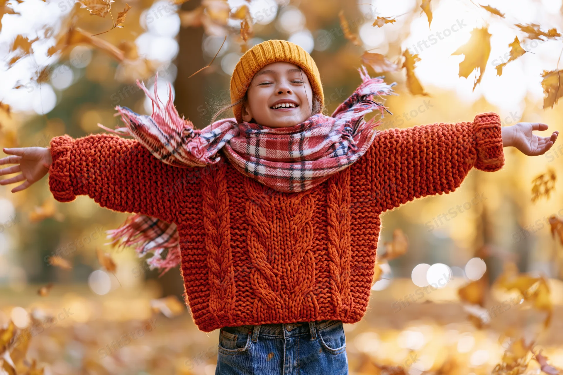Girl with arms outstretched smiling in autumn park surrounded by falling leaves