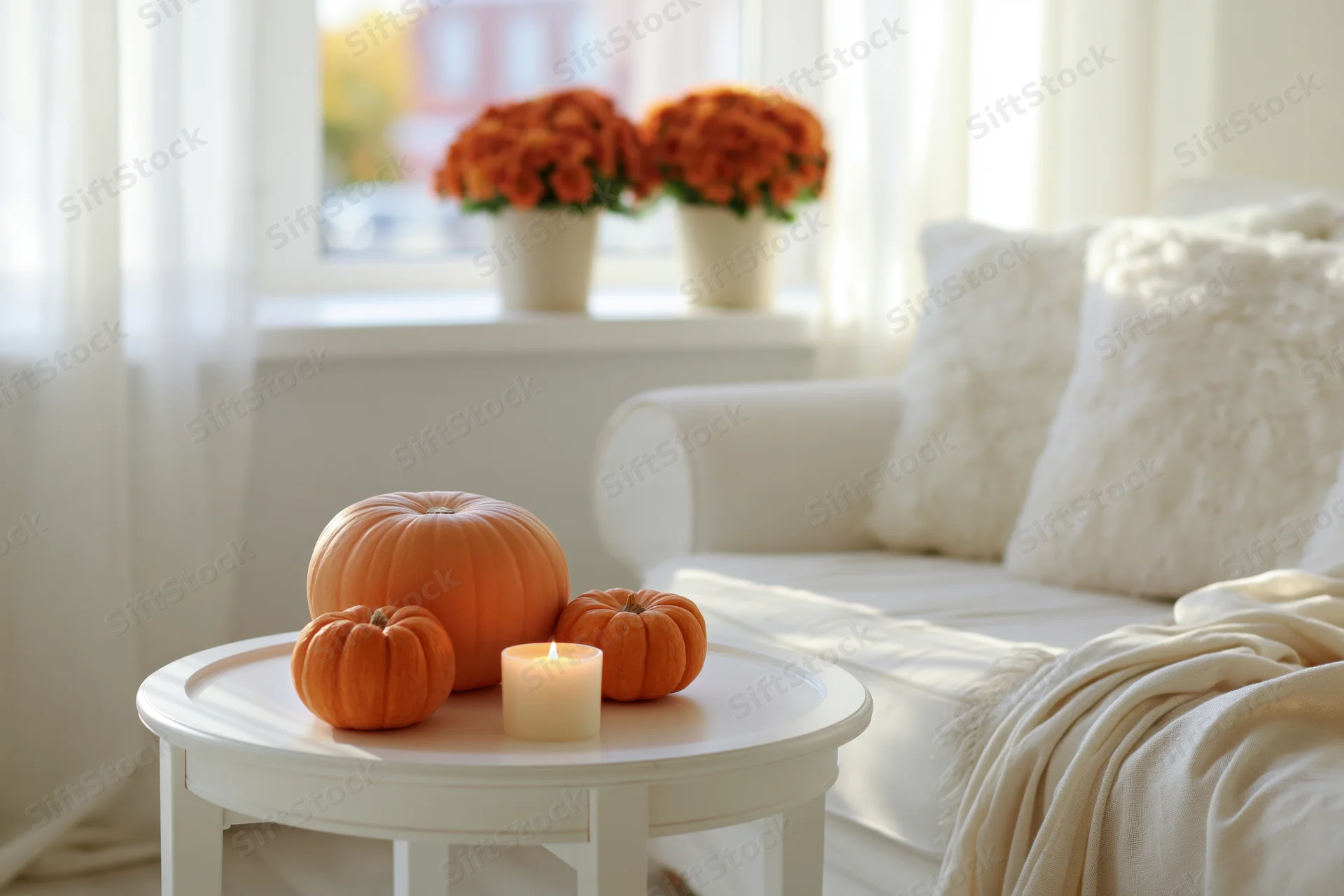 Pumpkins and a lit candle on a white coffee table beside a sofa in a bright living room with autumn decorations by the window