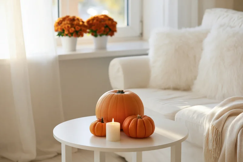 Pumpkins and a lit candle arranged on a white coffee table in a bright living room with a sofa, fluffy pillows, and orange flowers by the window