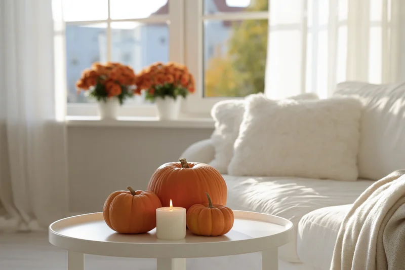 Pumpkins and a lit candle on a white coffee table in a bright living room with autumn flowers by the window