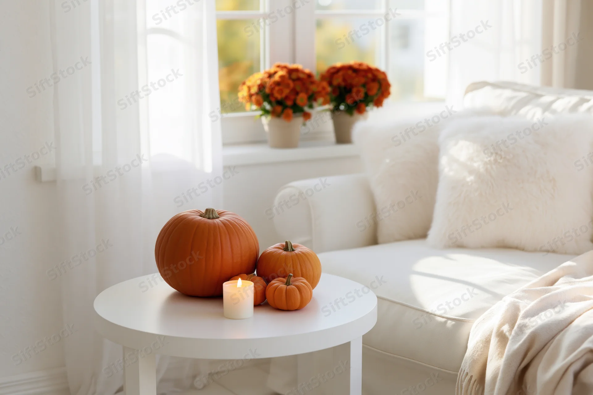 Pumpkins and a lit candle on a white table beside a sofa in a bright living room with flowers on the windowsill