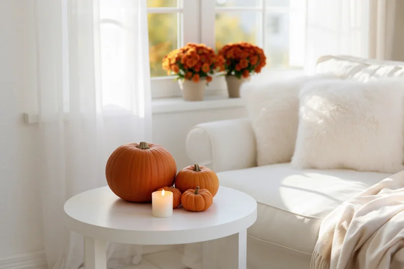 Pumpkins and a lit candle on a white table beside a sofa in a bright living room with flowers on the windowsill