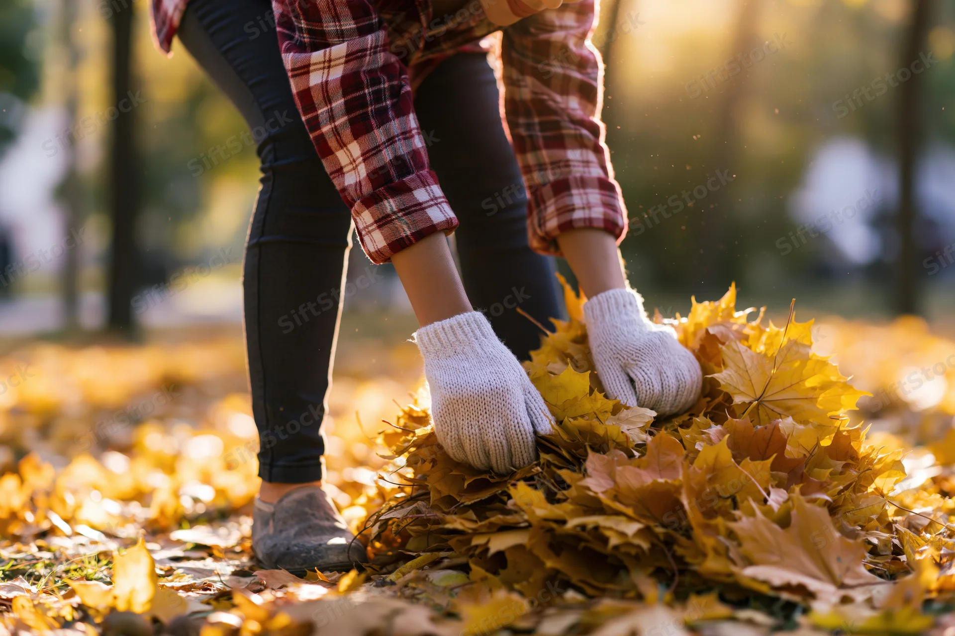 Woman bending at waist to gather fallen autumn leaves in a park