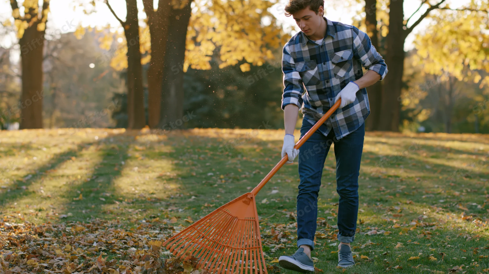 Man raking autumn leaves in a grassy yard with trees and sunlight