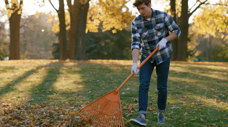 Man raking autumn leaves in a grassy yard with trees and sunlight