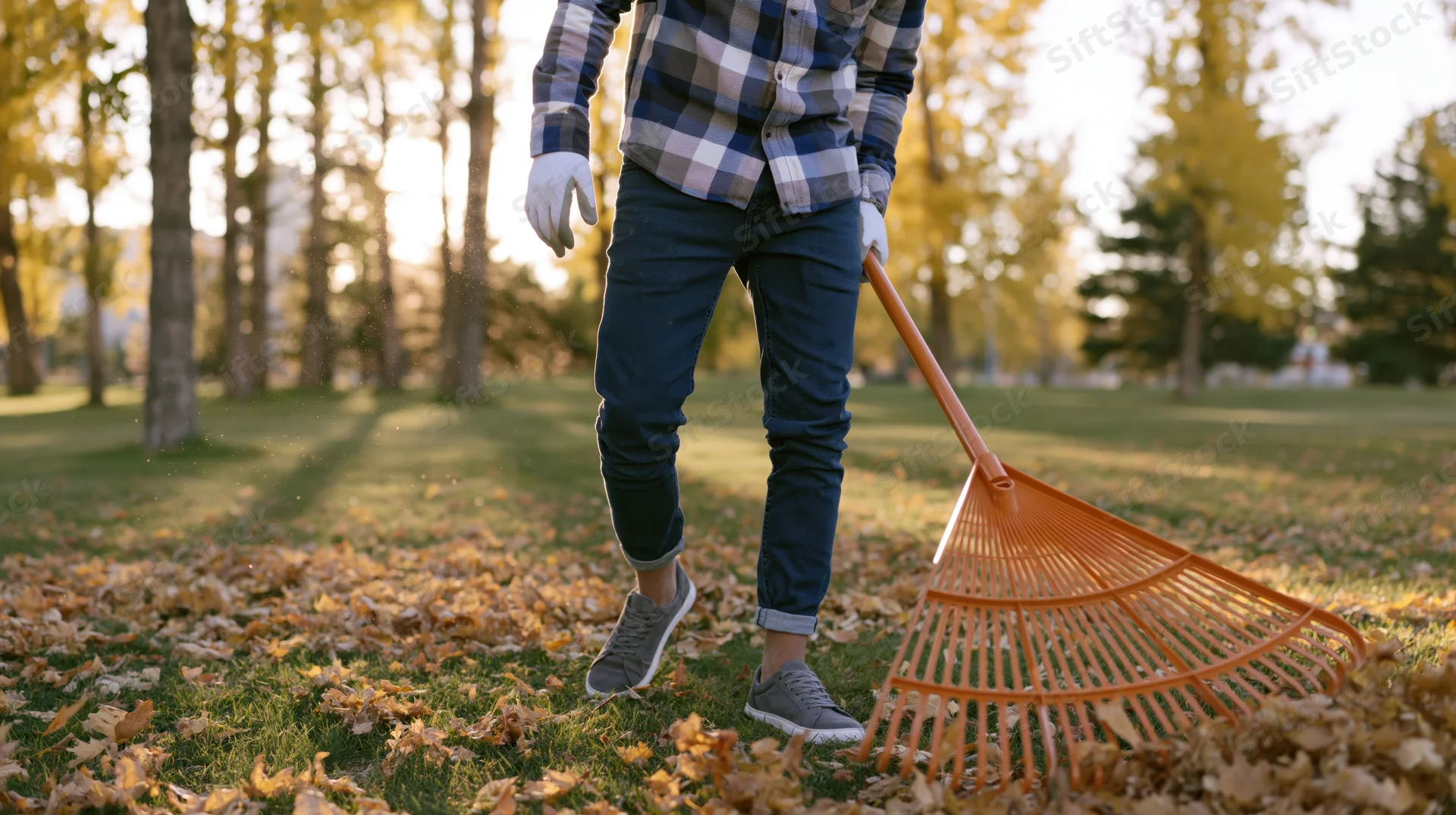 Man raking fallen autumn leaves in a grassy park setting