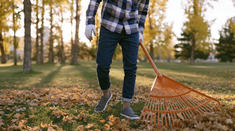 Man raking fallen autumn leaves in a grassy park setting